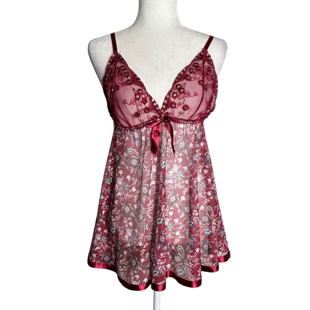 Sheer Red Floral Embroidered Babydoll Lingerie Adjustable Straps Bow Size M